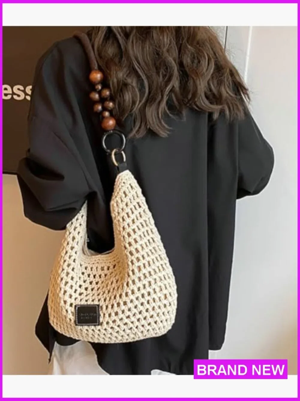 Crochet Summer Beach Bag Woven Cotton Hobo Handbag Bohemian Bead Shoulder Purse